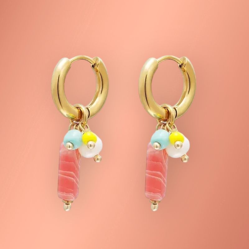 Oorbellen RVS, met rood/roze Hematiet steen