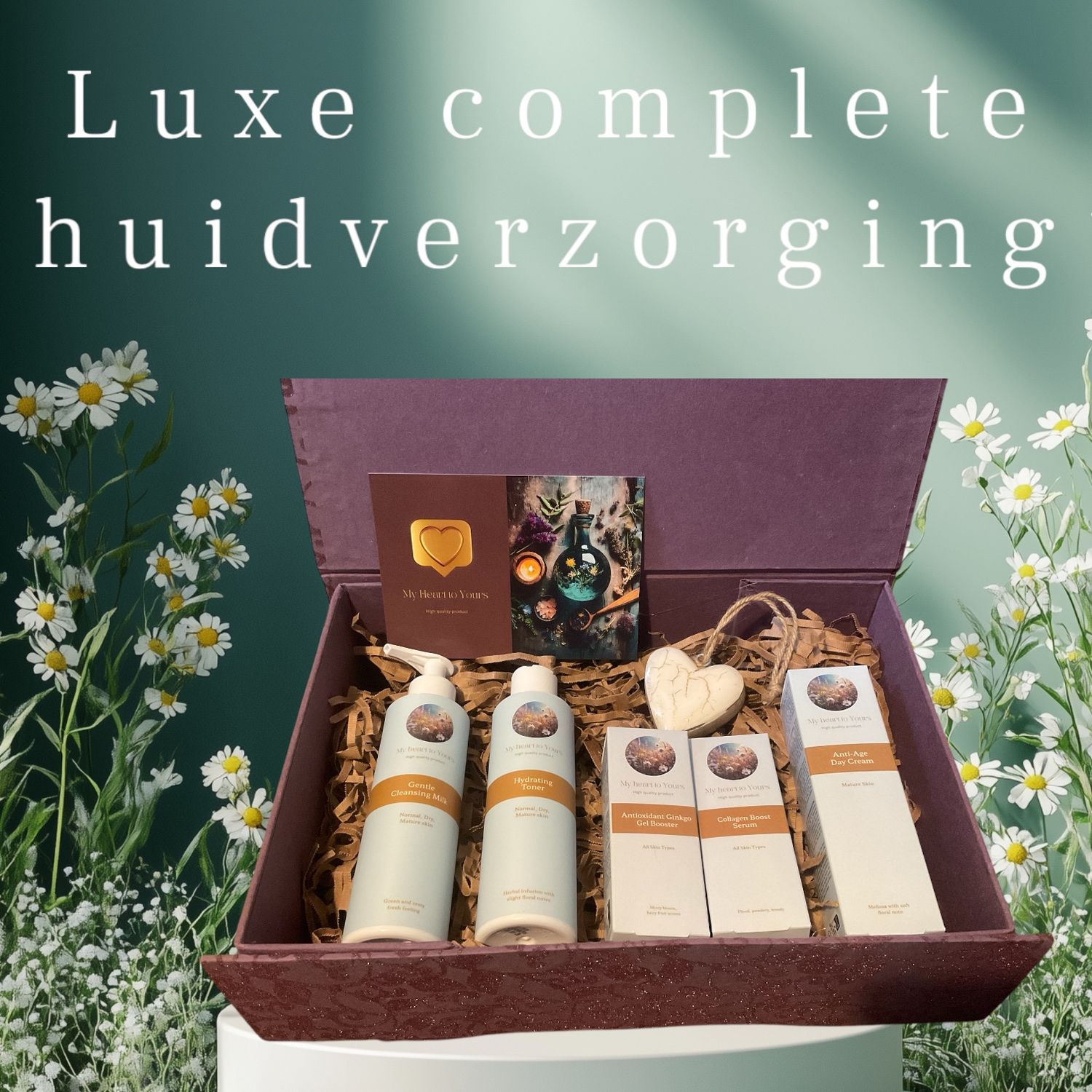 Cadeau box voor vrouw met 5 luxe natuurlijke huidverzorging producten , een mooi hart en kaartje.