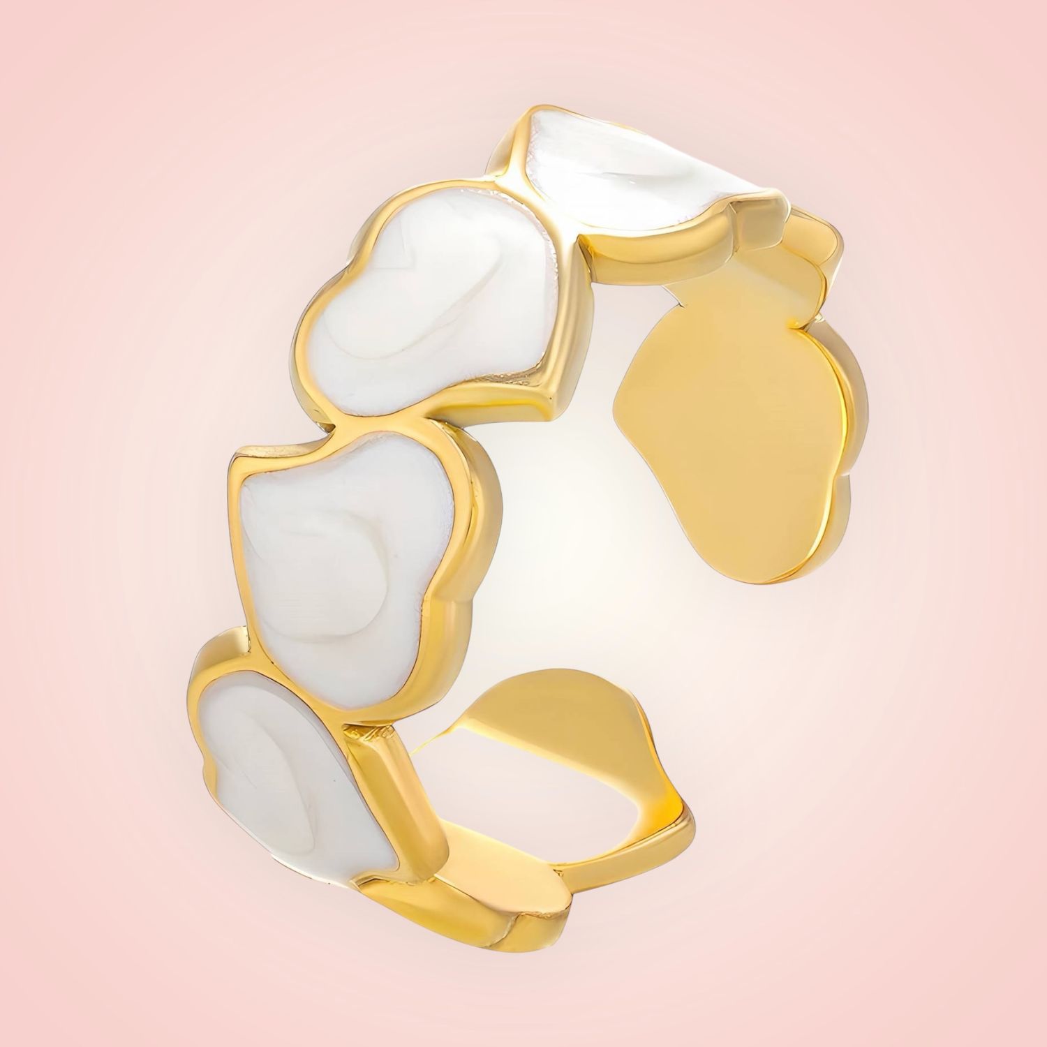 Ring Hartjes, 18 K gold plated Stainless Steel en Parelmoer hartjes
