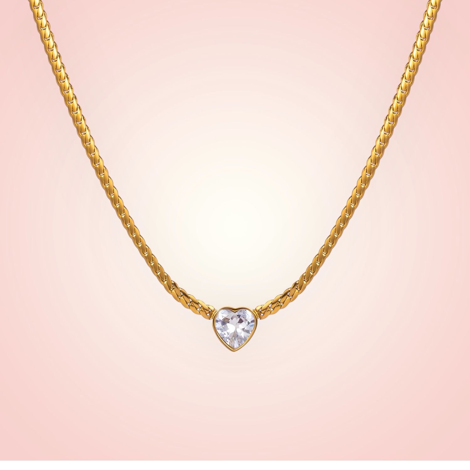 Halsketting met Hartje met zirconica, 18 K gold plated Stainless Steel