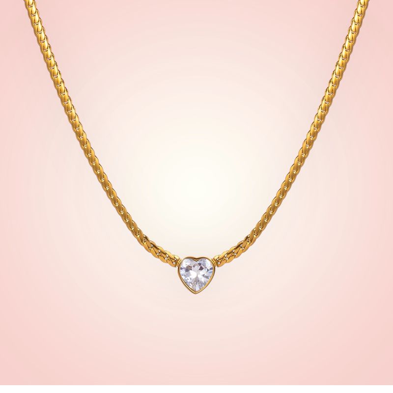 Halsketting met Hartje met zirconica, 18 K gold plated Stainless Steel