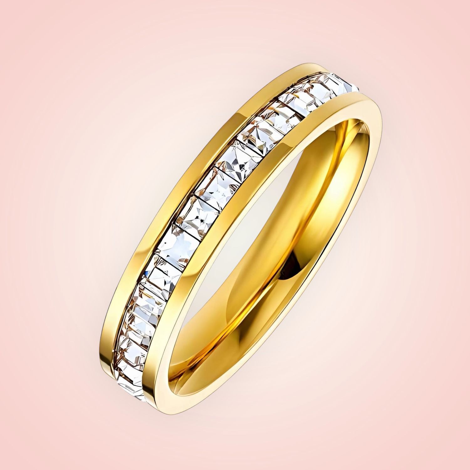 Ring met cubic Zirconias, 18 K gold plated Stainless Steel, 1 rij
