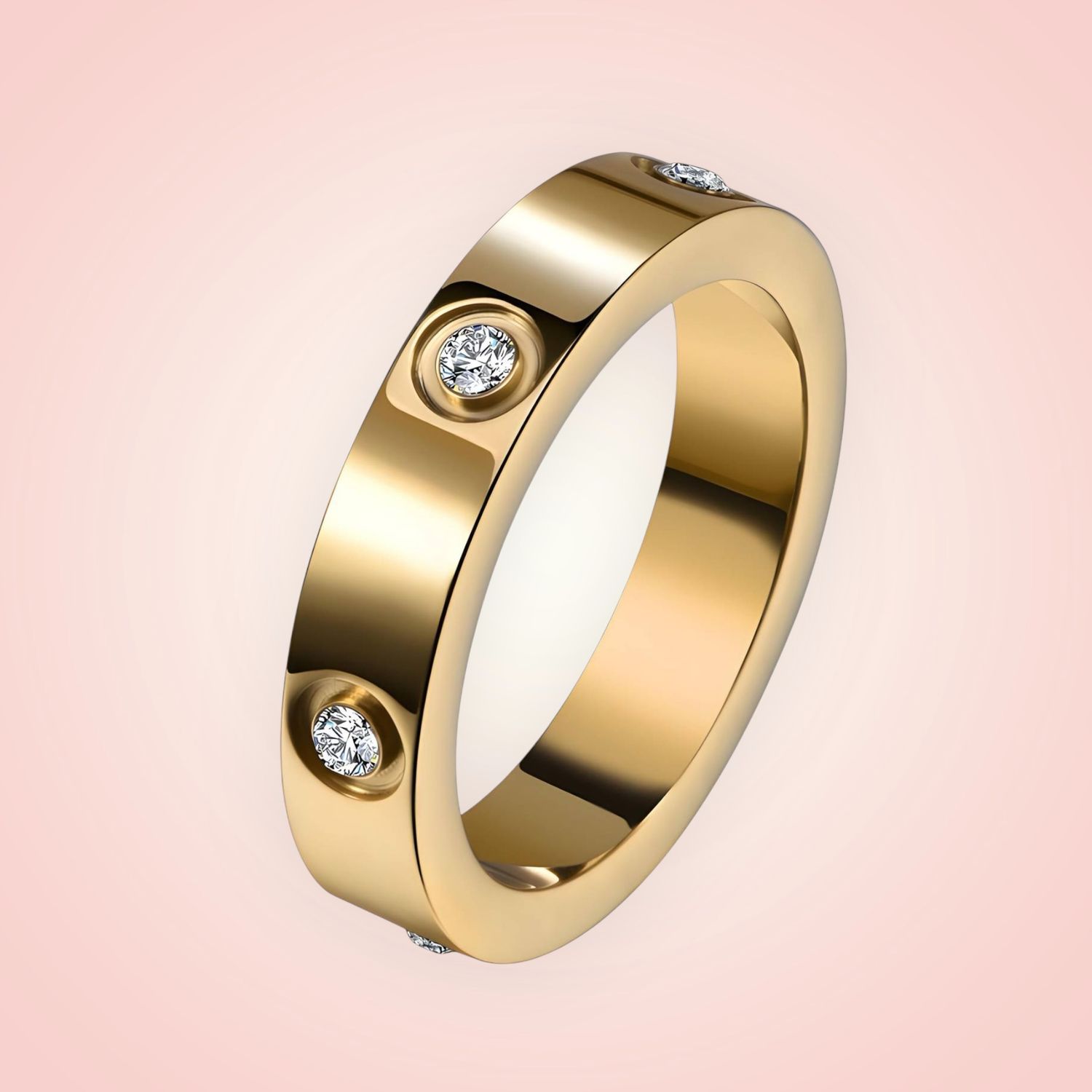 Ring met cubic Zirconias, 18 K gold plated Stainless Steel