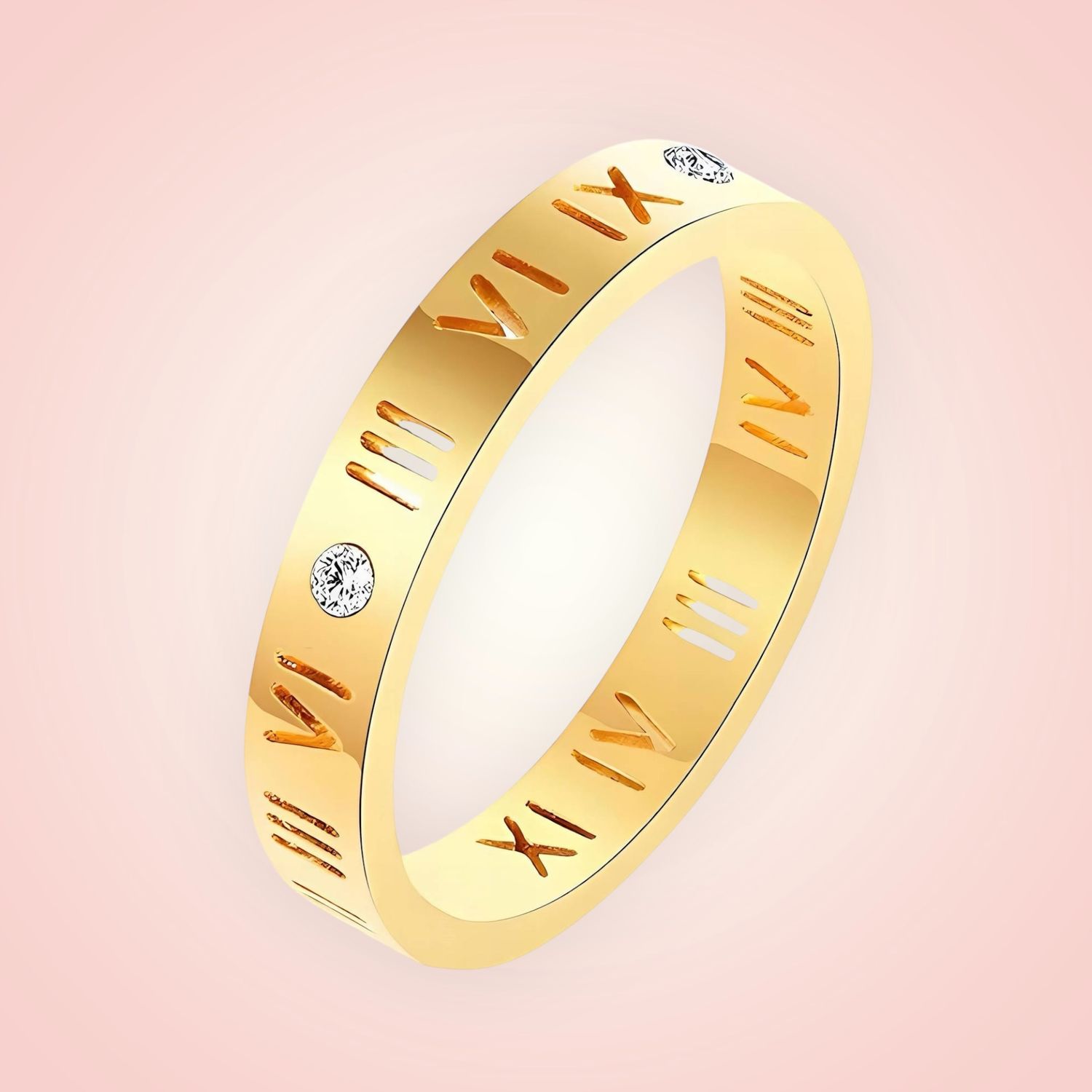 Ring met cubic Zirconias, romeinse tekens 18 K gold plated Stainless Steel
