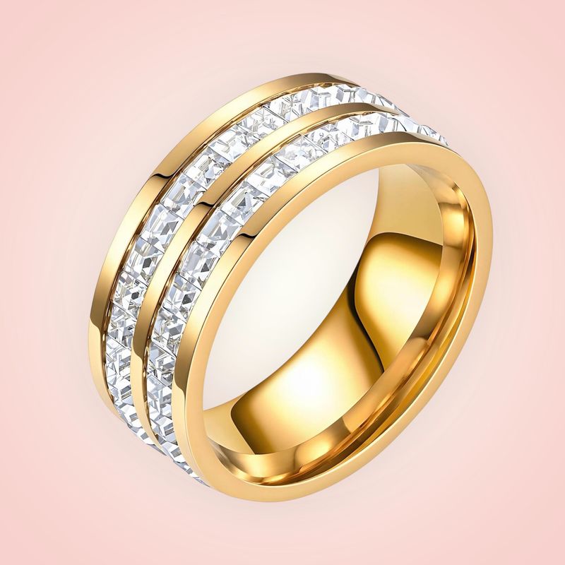 Ring met dubbele rij cubic Zirconias, 18 K gold plated Stainless Steel, 2 rijen.