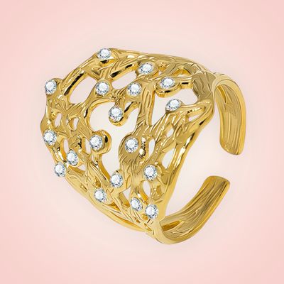 Ring met cubuc zirconias, 18 K gold plated Stainless Steel