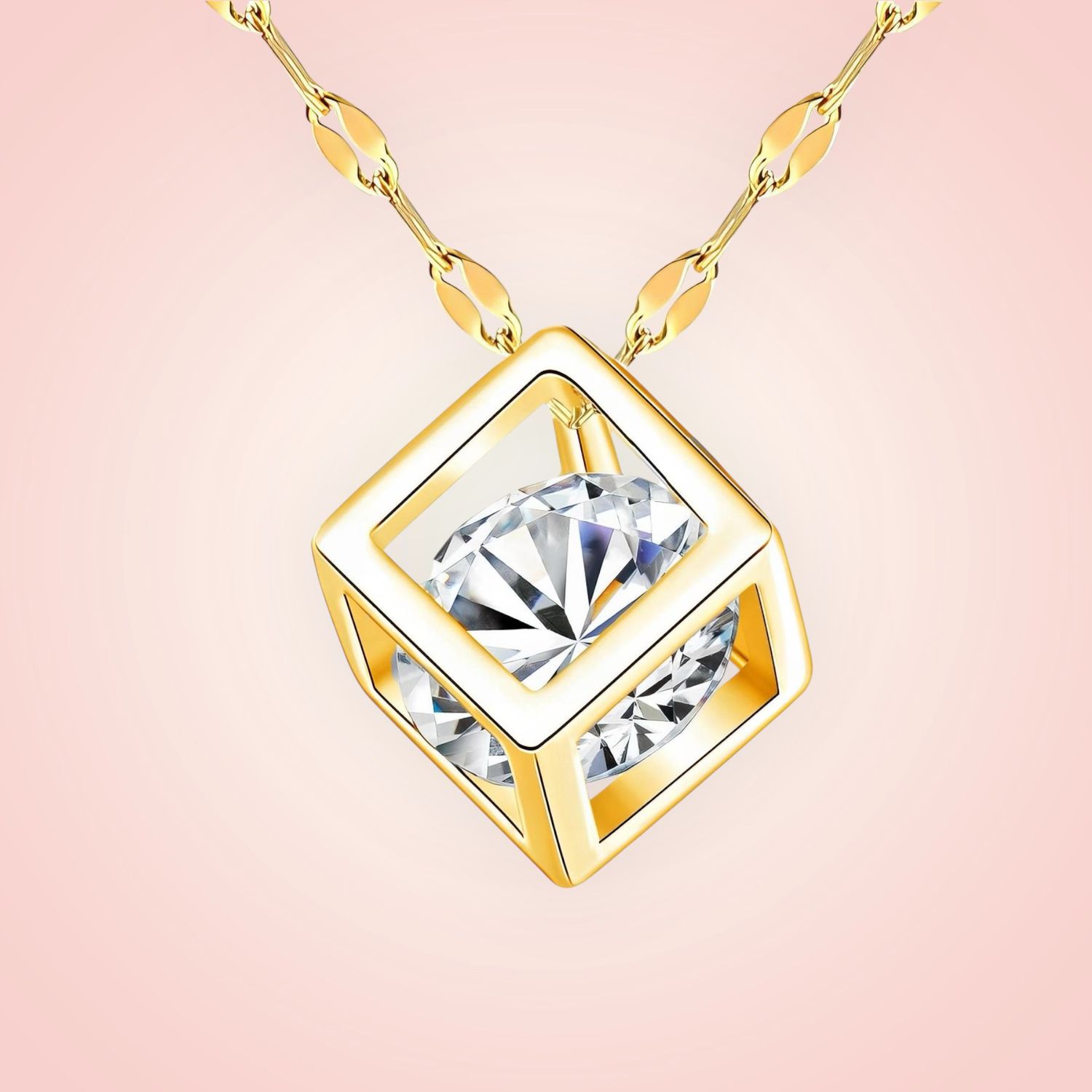 Halsketting met boxje en cubic Zirconia, 18 K gold plated Stainless Steel
