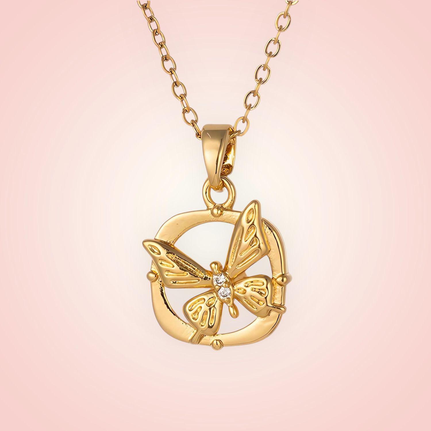 Fijne Halsketting met bedel Vlindertje, 18 K gold plated Stainless Steel