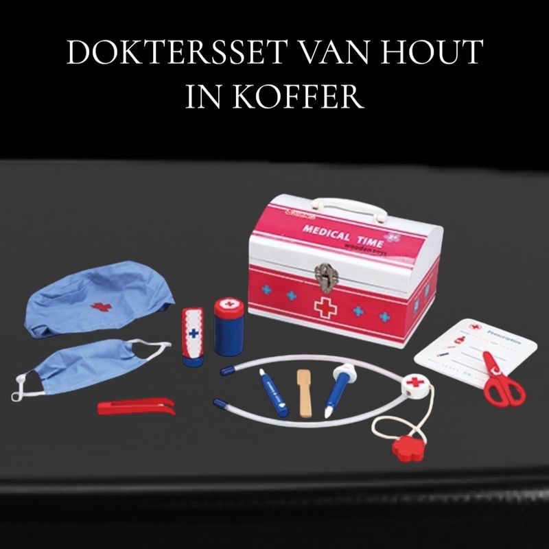 Dokterset in koffer, set is van hout, met mutsje en monddoekje