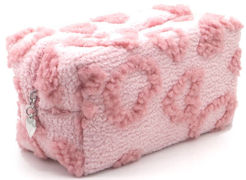 Make up tas, pluizig zacht, met rits, kleur roze