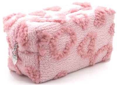 Make up tas, pluizig zacht, met rits, kleur roze