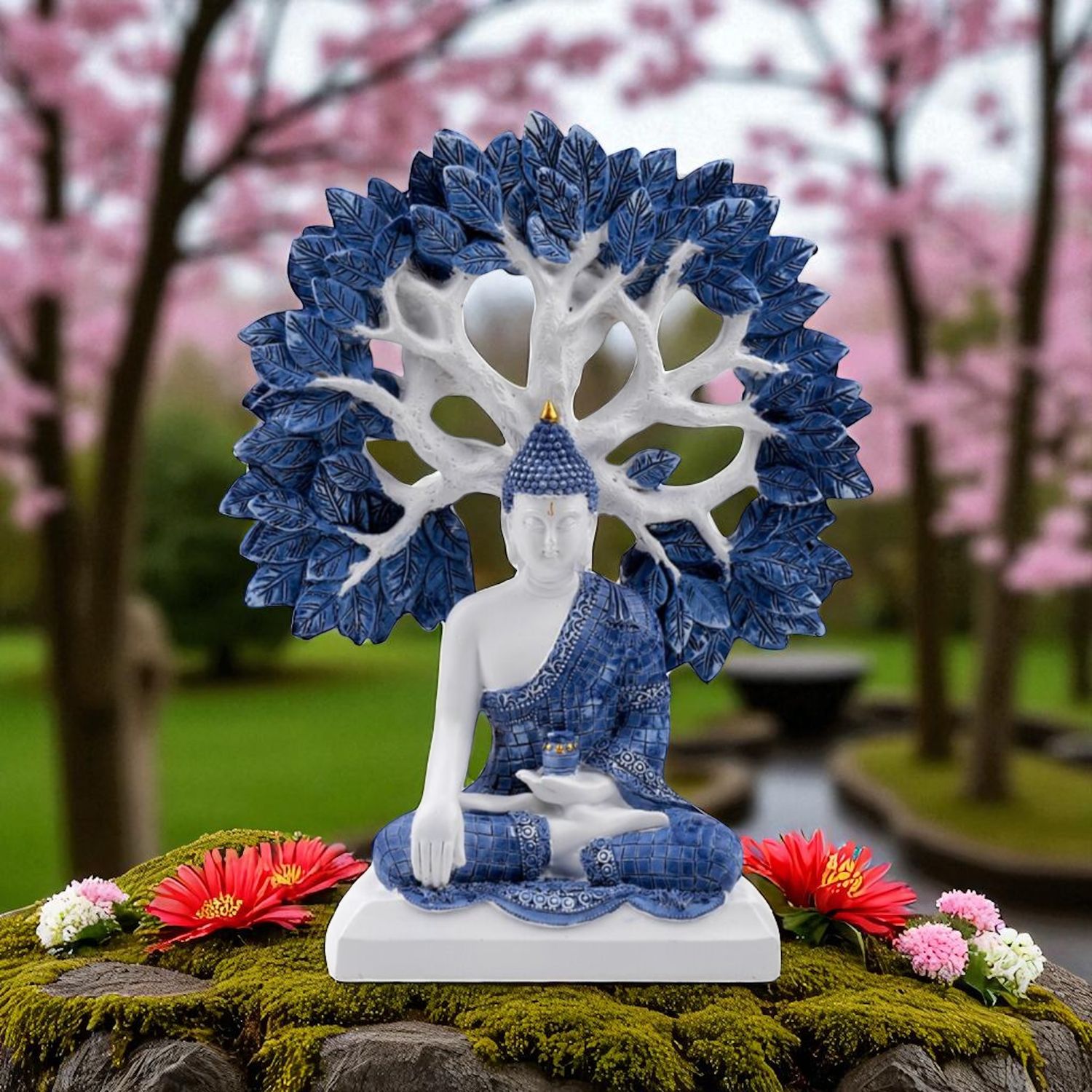 Delftsblauwe Boeddha like onder Tree of Life
