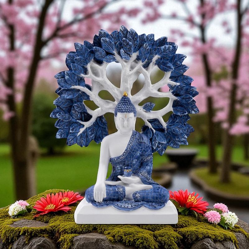 Delftsblauwe Boeddha like onder Tree of Life