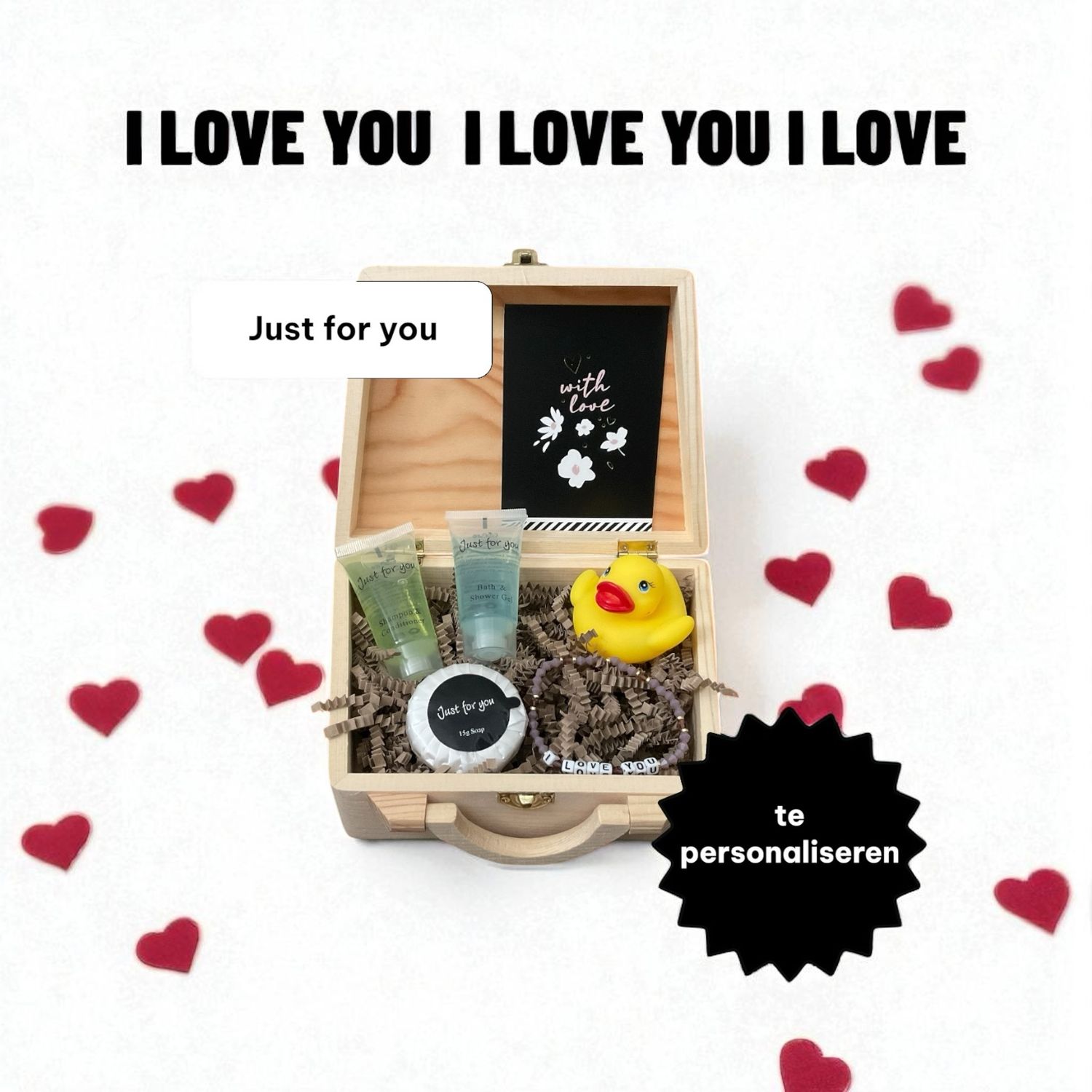 Houten koffertje met leuke producten, JUST FOR YOU