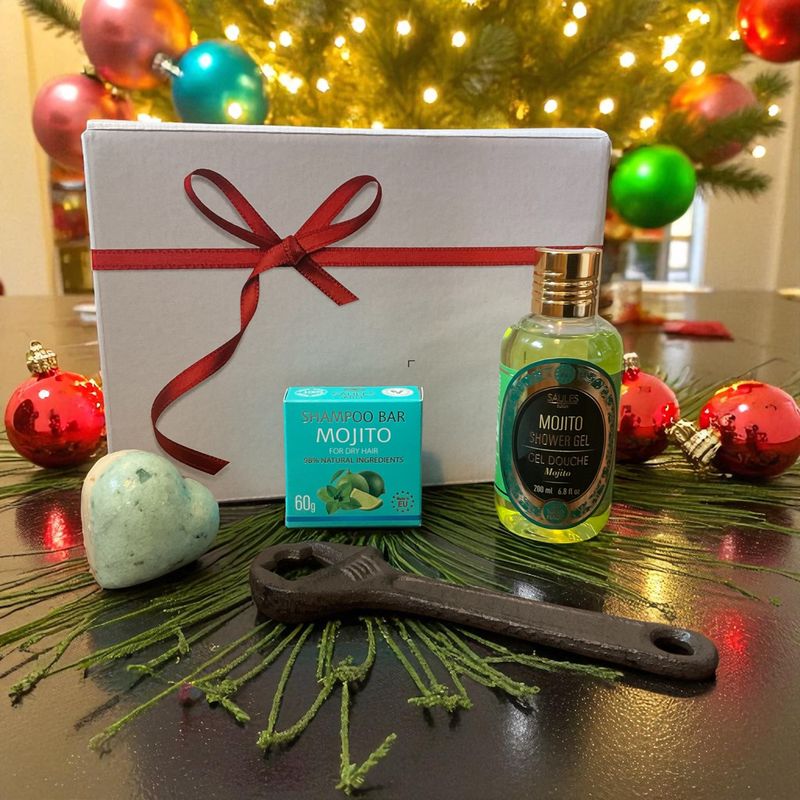 Cadeau box man, Mojito pakket, bruisbal, douche gel en shampoo tablet, samen met een Bahco flessenopener