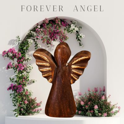 Prachtige handgesneden Engel van Mango hout Mango houten Engel, met goudkleurige vleugels, handgesneden