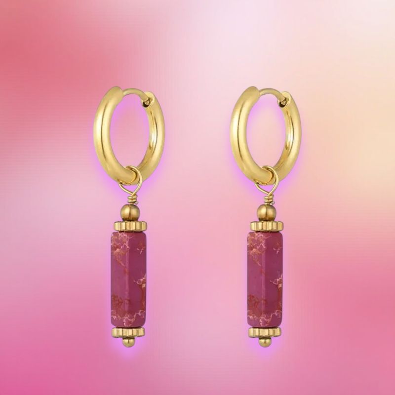 Oorbellen RVS, met roze Hematiet steen