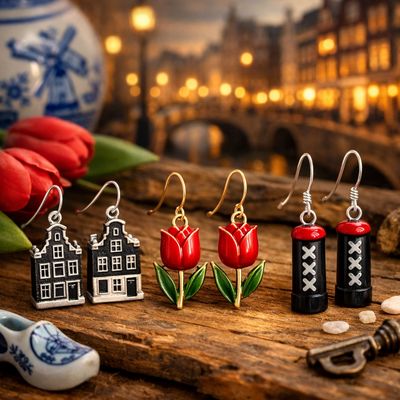 HOLLAND oorbellen met grachtenpandjes amsterdam, amsterdamse paaltjes oorbellen, tulp oorbellen