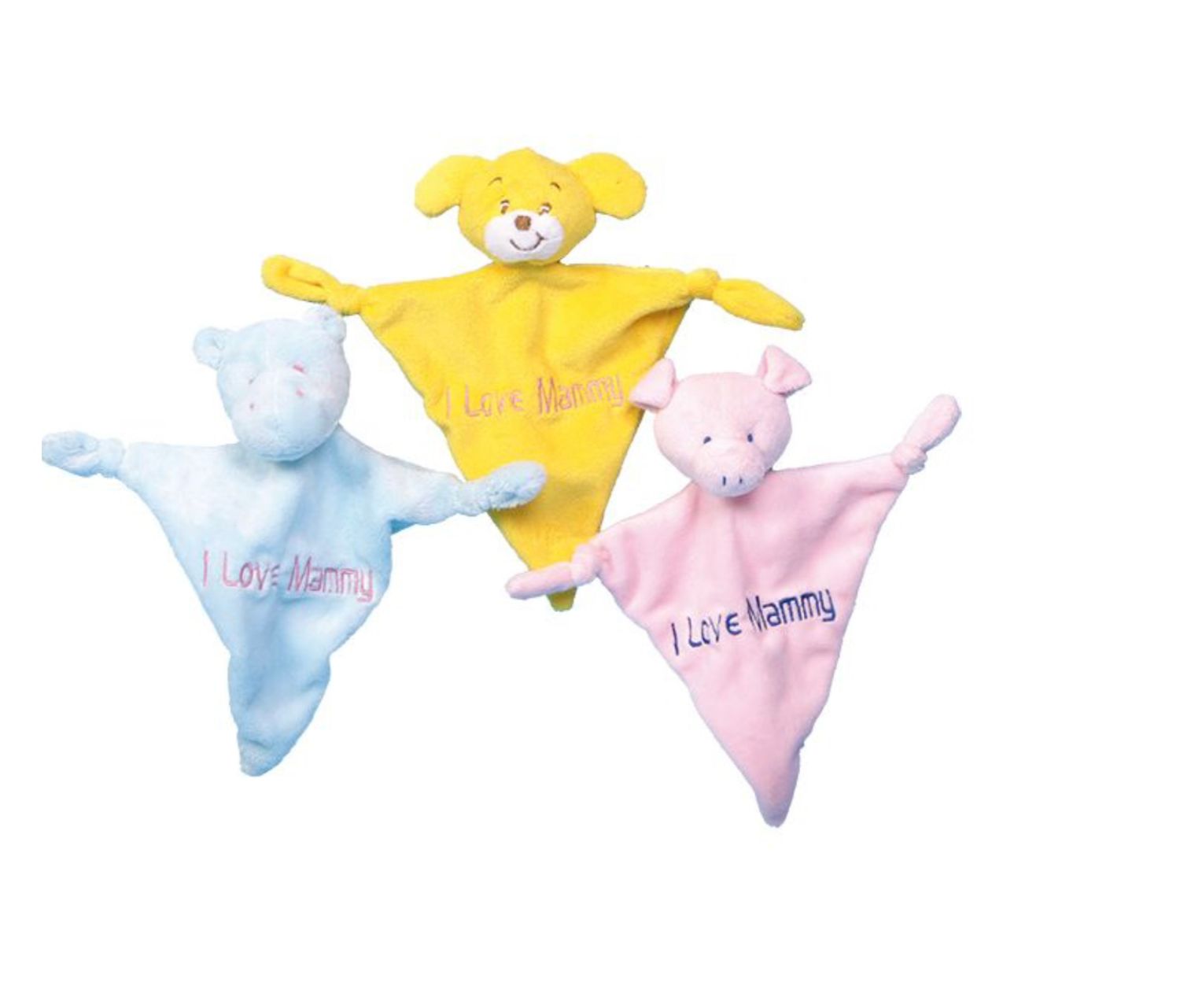 Knuffeldoekjes baby I Love Mammy, in roze, blauw en okergeel