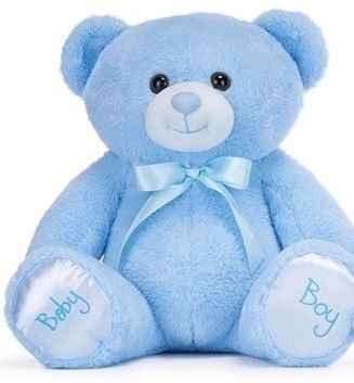 Grote Pluche beer in Blauw, Baby Boy op voetjes 28 cm Pluche beer in blauw of roze, met de opdruk baby girl of baby Boy op zijn voetjes, bij myhearttoyours.nl