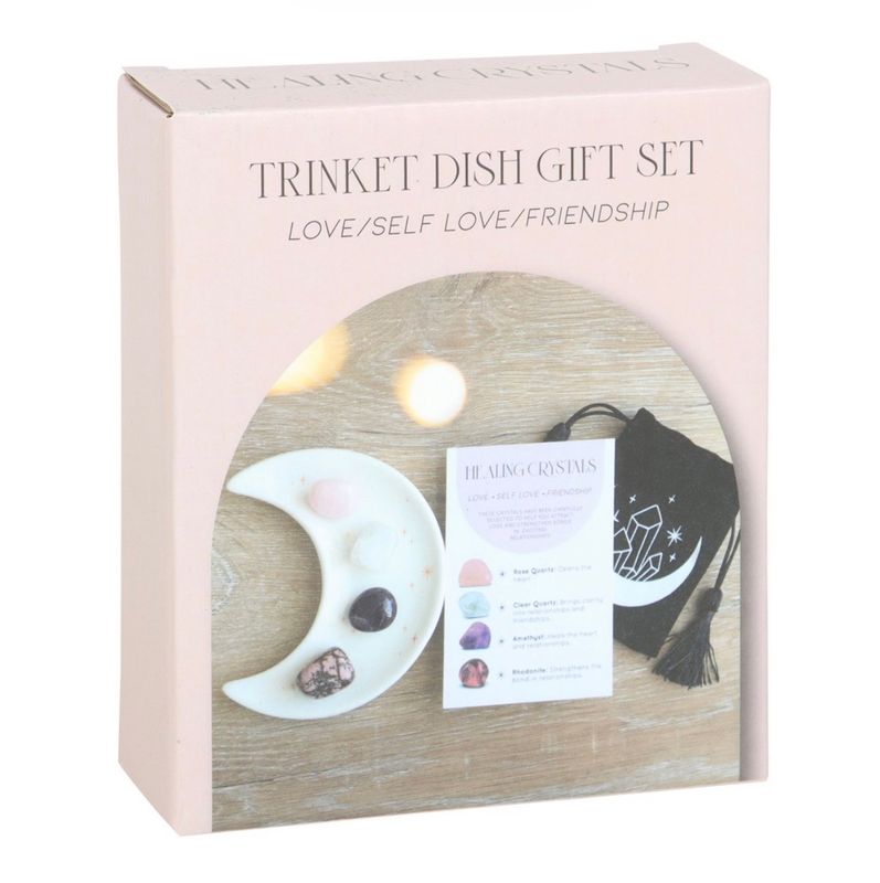 Zelfvertrouwen en liefde krijgen, een mooie kristallen set met maanvormig sieradenschaaltje bij myhearttoyours.nl