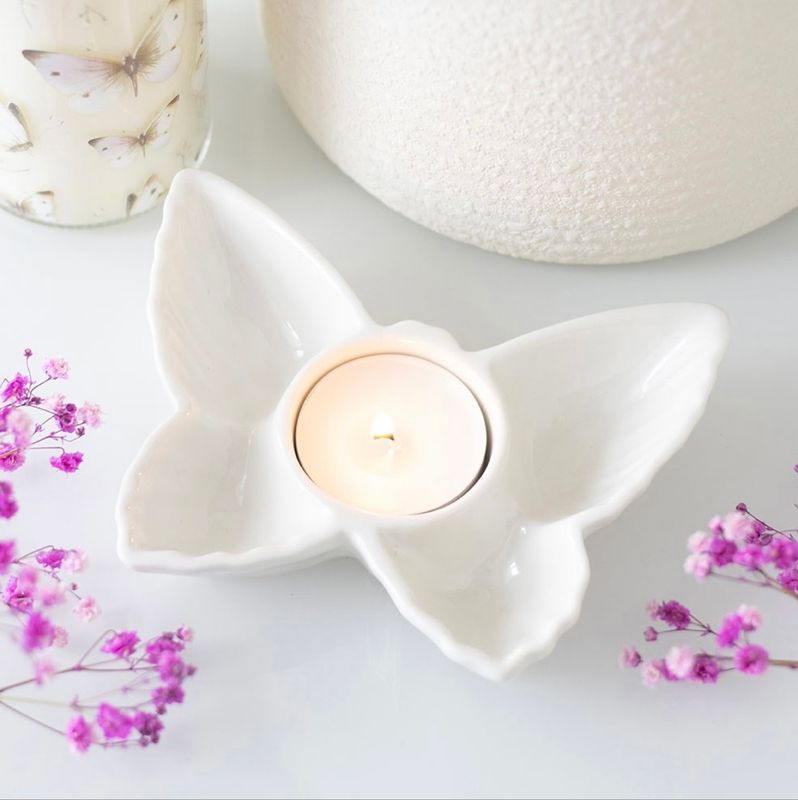 Keramische theelichthouder sierlijke witte vlinder bij myhearttoyours.nl