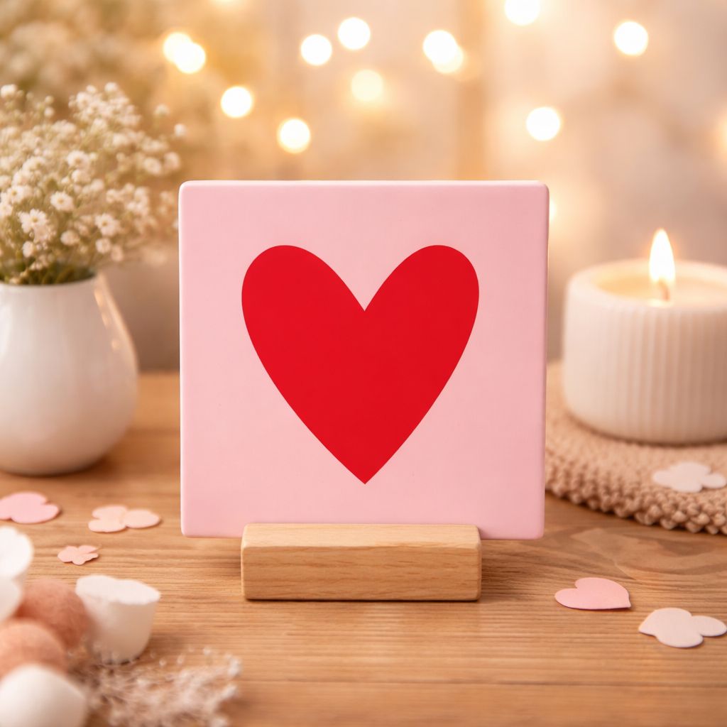 Tegeltje Keramiek, roze met rood hart bij myhearttoyours.nl