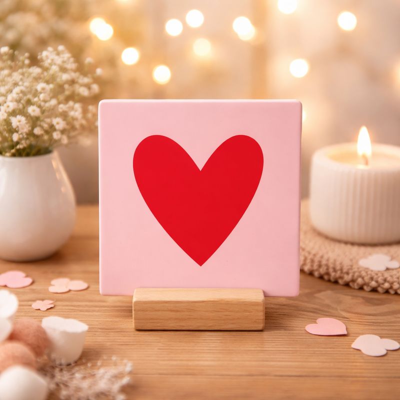 Tegeltje Keramiek, roze met rood hart bij myhearttoyours.nl