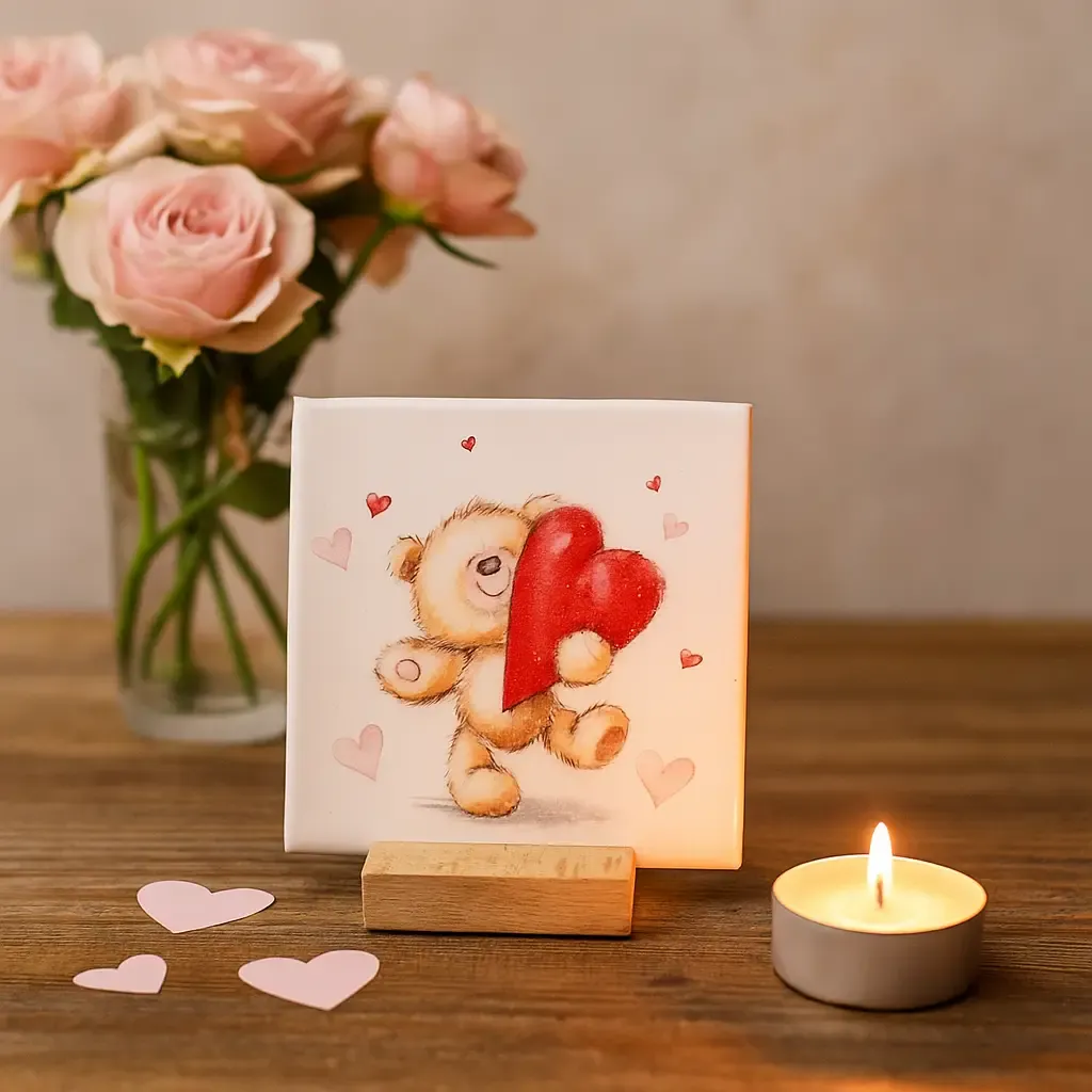 Tegeltje van Keramiek, een schattig "hou van je beertje" met rood hart bij myhearttoyours.nl