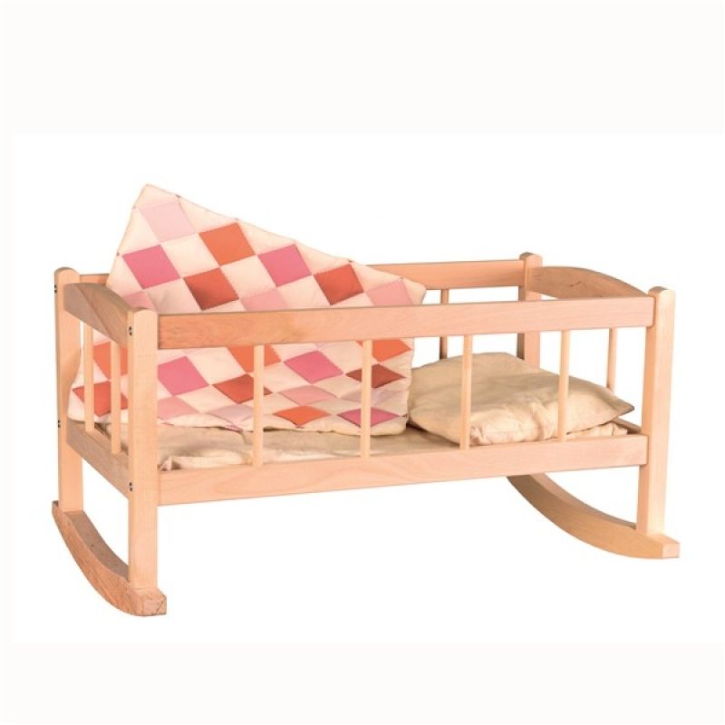 Wooden Doll Cradle with Patchwork Blanket