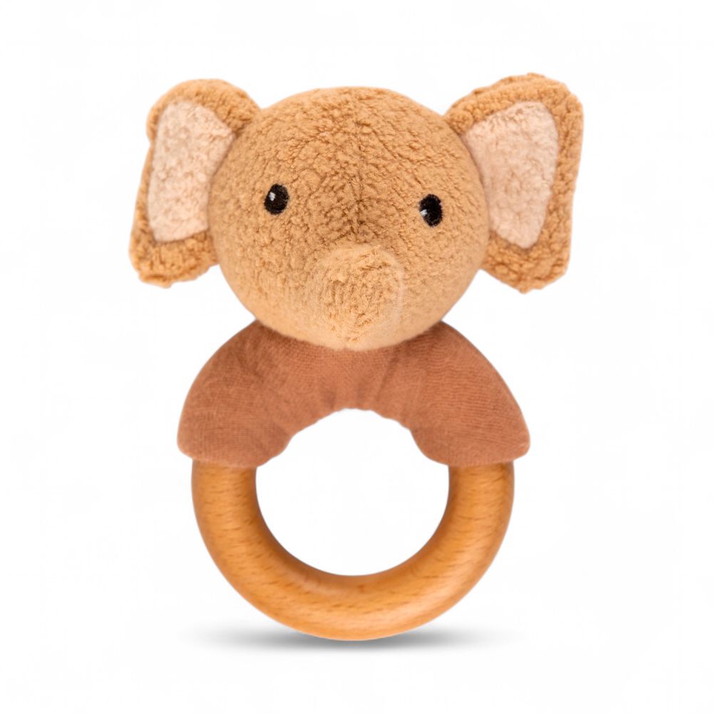Ollie the Elephant – personalised rattle with wooden ring