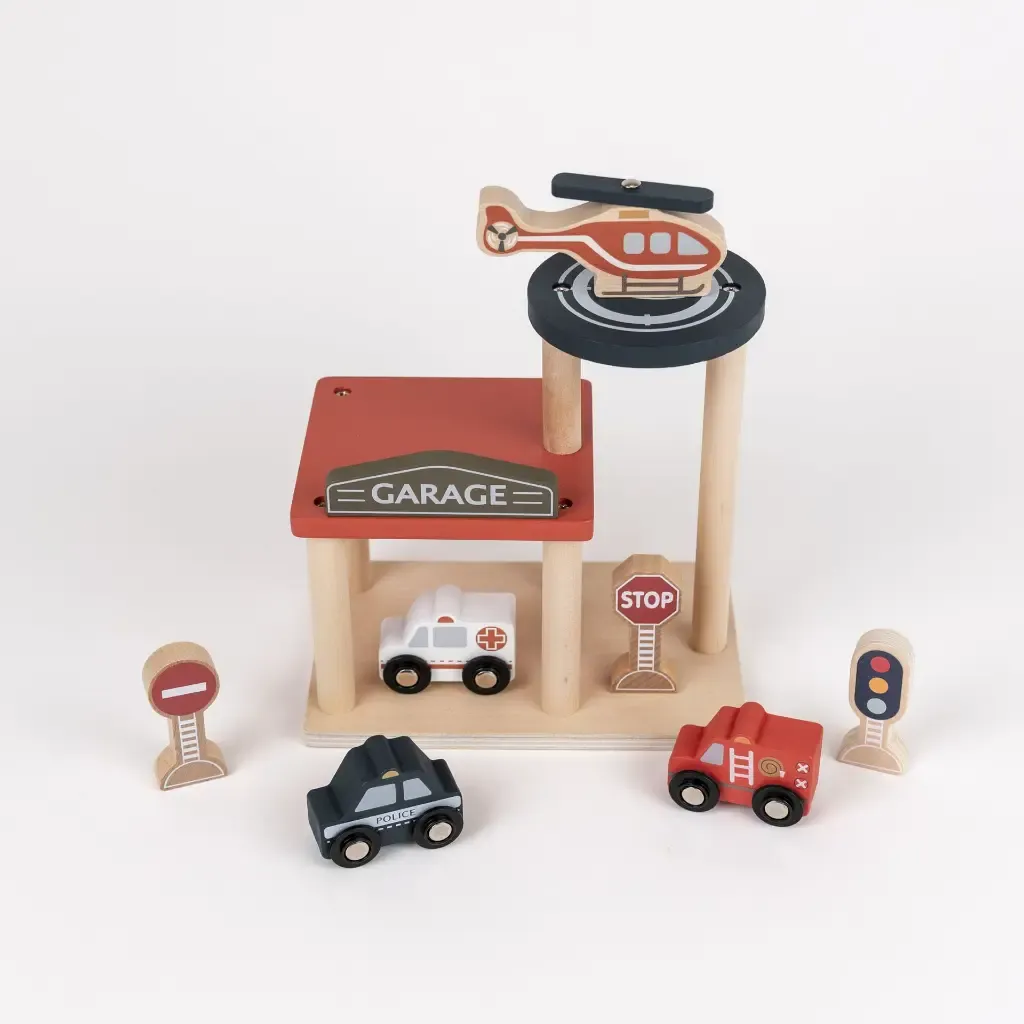 Personalised wooden garage with emergency vehicles