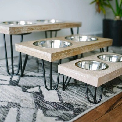 Dog &amp; Cat Double Stainless Steel Bowl Feeder, Wooden Top and Black Metal Frame, Food and Water for Small Medium and Large Dogs