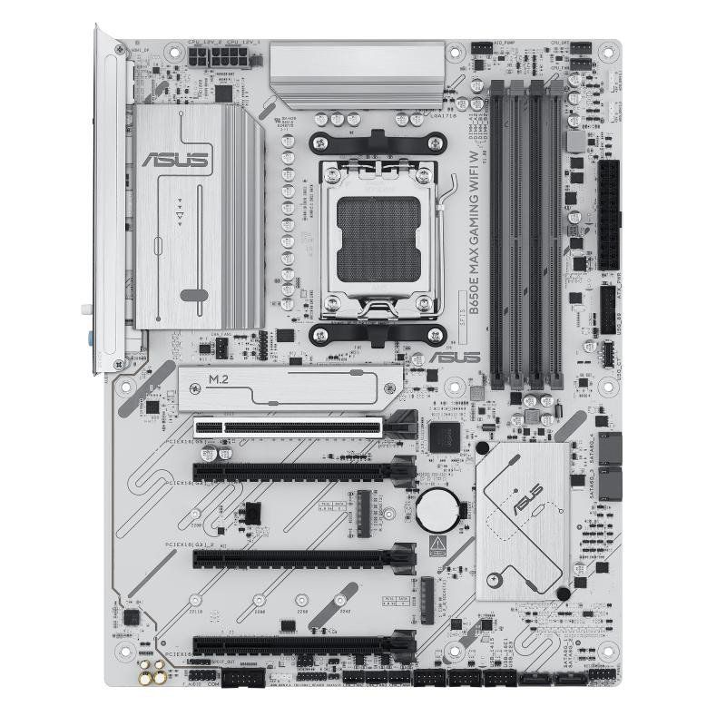 ASUS B650E Max Gaming WiFi W, Carte mère AMD ATX, 8+2+1 Phases d&#39;alimentation, Fente DDR5, PCIe 5.0, 3 emplacements M.2, Wi-FI 6E, Realtek 2,5 GB, DisplayPort, HDMI, USB-A et USB-C 10 Gbps, Aura Sync