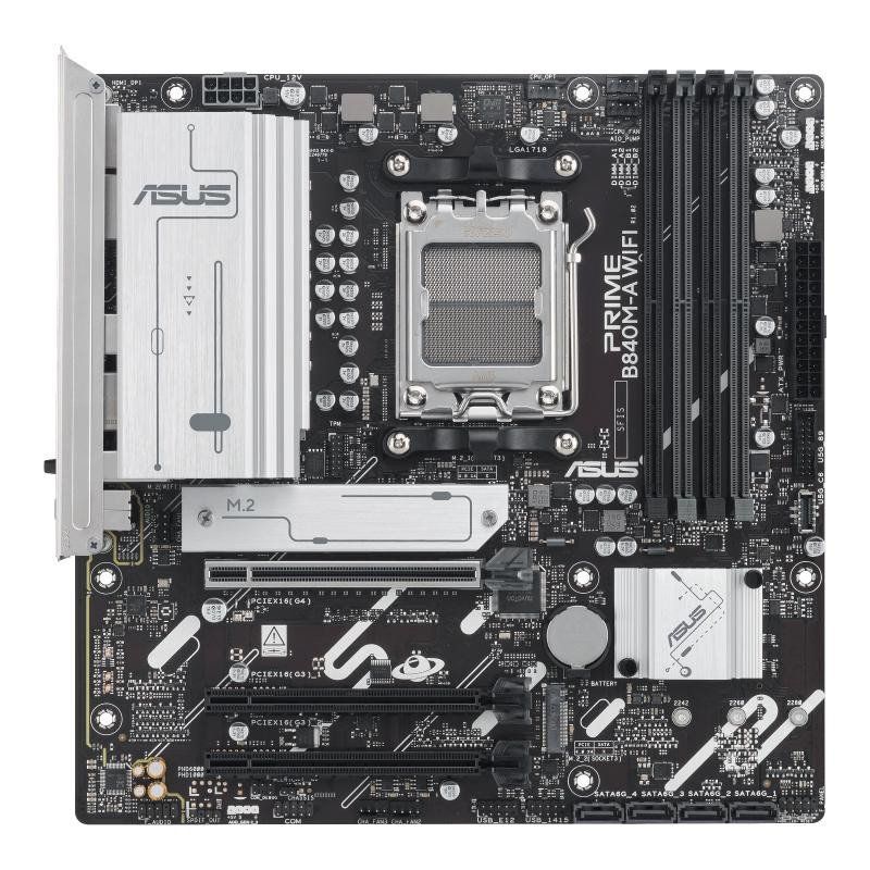 AMD B840 mATX Motherboard, DDR5, PCIe 4.0 Ready, Three M.2 Slots, Wi-FI 6E, Realtek 2.5Gb Ethernet, DisplayPort, HDMI™, Rear and Front USB 5Gbps Type-C® Support, BIOS Flashback™, Aura Sync