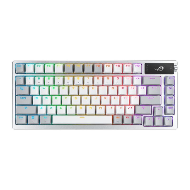 ASUS ROG Azoth White - Clavier mécanique Gaming avec Connection tri-Mode, écran OLED, Montage par Joint, Switchs et stabilisateurs de Clavier ROG NX Snow White prélubrifiés et Hot-Swap, AZERTY