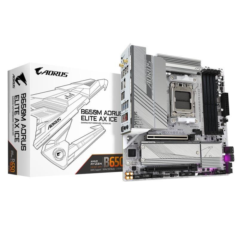 GIGABYTE B650M AORUS Elite AX Ice Carte mère - AMD Ryzen série 9000, VRM 12+2+2 Phases, jusqu&#39;à 8000 MHz DDR5 (OC), 1xPCIe 5.0 + 1xPCIe 4.0 M.2, LAN 2,5 GbE, WiFi 6E, USB 3.2 Gen 2x2