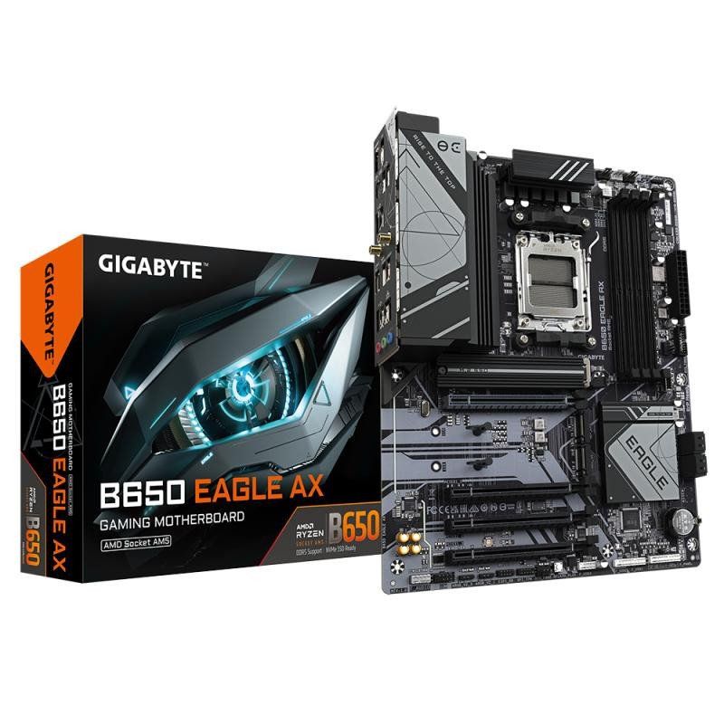 GIGABYTE B650 Eagle AX Carte mère - AMD Ryzen série 9000, VRM 12+2+2 Phases, jusqu&#39;à 7600 MHz DDR5 (OC), 1xPCIe 5.0 + 2xPCIe 4.0 M.2, LAN GbE, WiFi 6E, USB 3.2 Gen 2