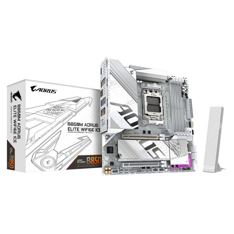 GIGABYTE B850M AORUS Elite WIFI6E Ice Carte Mère - Processeurs AMD Ryzen Série 9000, 12+2+1 Phases VRM numériques, jusqu&#39;à 8200MHz DDR5 (OC), 1xPCIe 5.0 + 1xPCIe 4.0 M.2, WiFi 7, USB 3.2 Gen 2