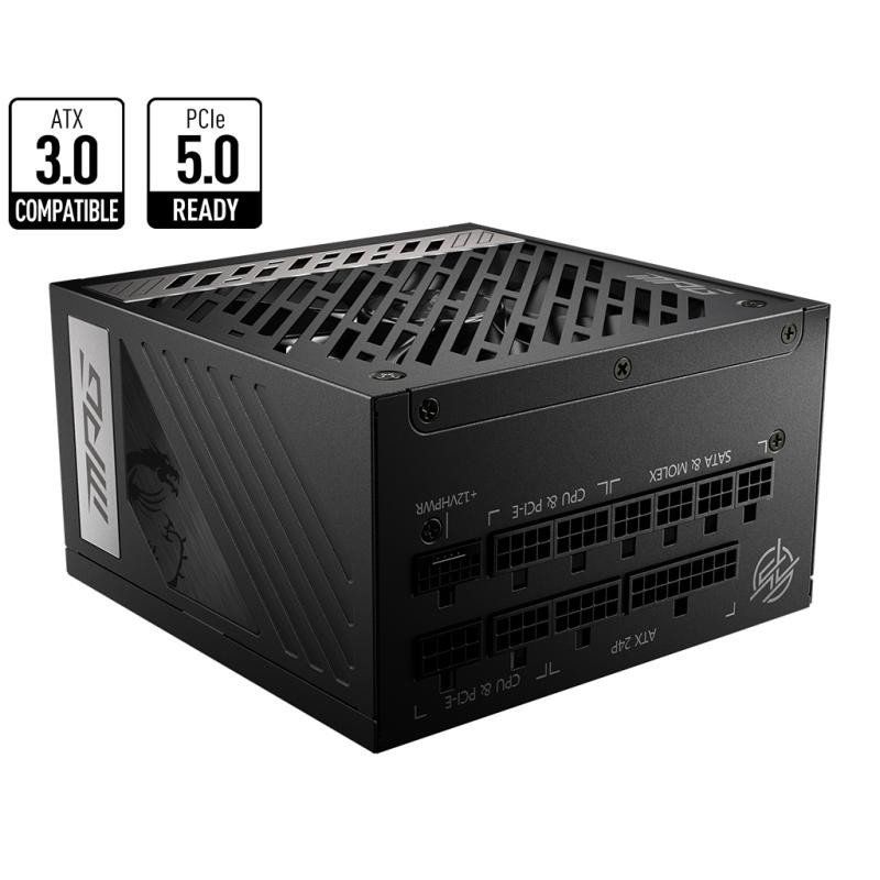 MSI MPG A850G PCIE5 Bloc d&#39;alimentation, Prise EU, 850W, Certifié 80 Plus Gold, ATX 3.0 100 purcent Modulaire, Support GPU PCIe 5.0, Condensateurs Japonais 105°C, Noir