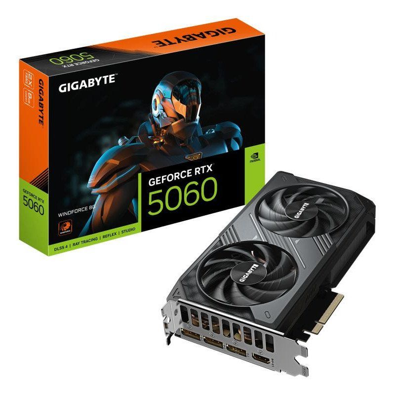 Gigabyte GeForce RTX 5060 WINDFORCE 8G Carte Graphique - 8GB GDDR7, 128bit, PCI-E 5.0, 2497 MHz Fréquence du cœur, 3 x DisplayPort, 1 x HDMI, GV-N5060WF2-8GD