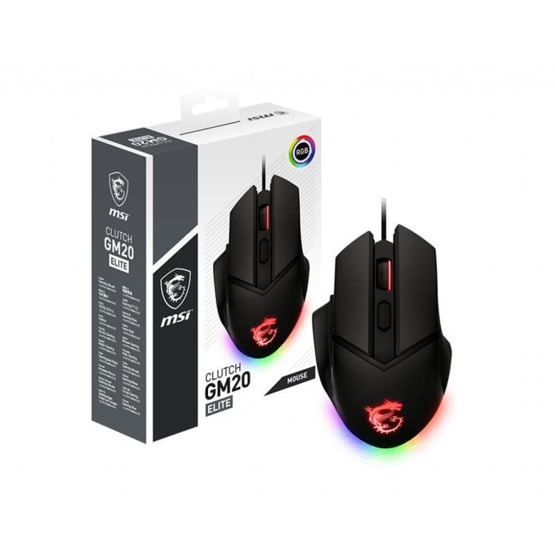 MSI CLUTCH GM20 ELITE Souris Gaming - Capteur Optique 6400 DPI, Droitiers, Switches OMRON 20M+ Clics, 6 Boutons, Latence 1ms, RGB Mystic Light, Système de Poids Réglable 98-109g - Filaire