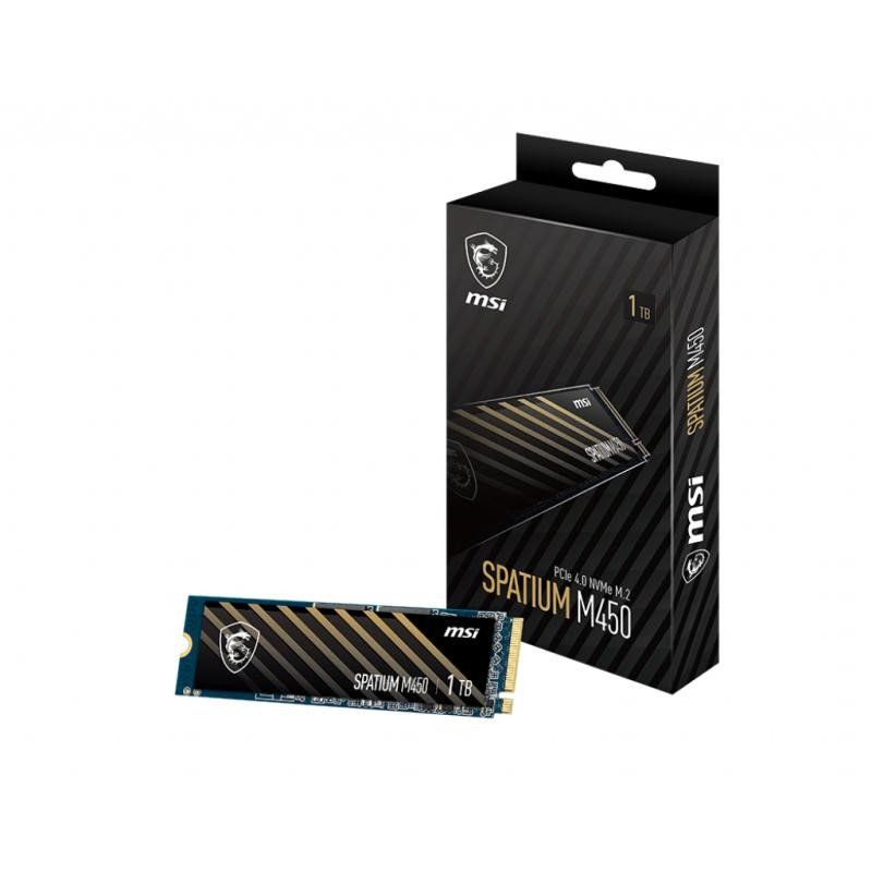 MSI SPATIUM M450 PCIe 4.0 NVMe M.2 1TB - Disque SSD Interne 1 to, PCIe 4.0 NVMe M.2, Lecture 3600 MB/s &amp; Écriture 3000 MB/s, 3D NAND, Sécurité des Données Intégrée, 600 TBW, Garantie 5 Ans