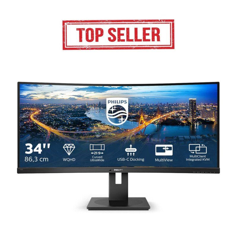 Philips Moniteur incurvé 346B1C 86 cm (34 Pouces) (HDMI, DisplayPort, USB-C, hub USB, 3440 x 1440, 100 Hz, FreeSync, Temps de réponse de 5 ms) Noir