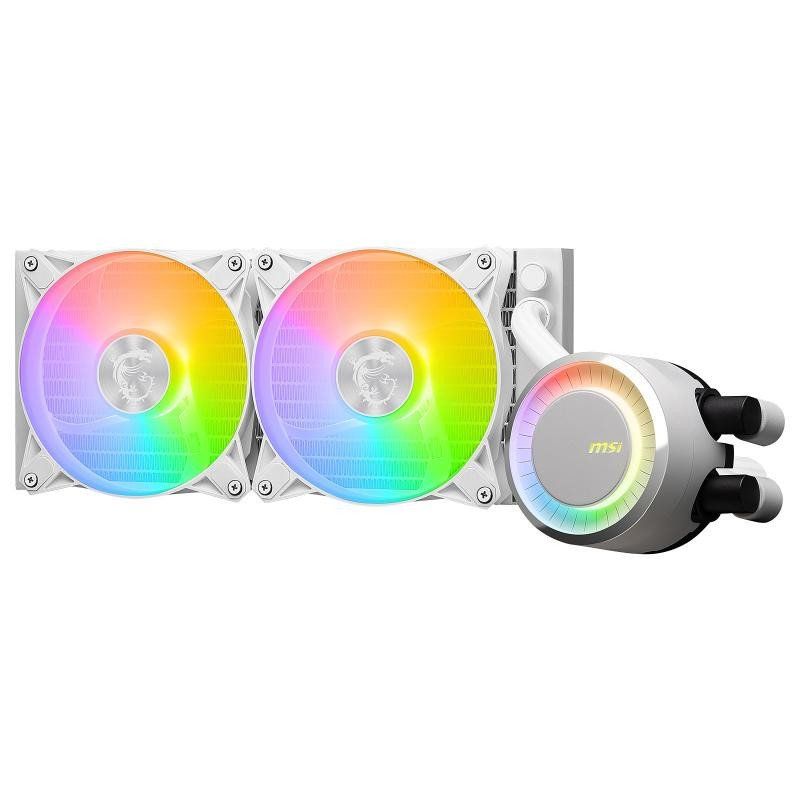 MSI MAG CORELIQUID E240 WHITE Kit Watercooling CPU, Plaque Froide en Cuivre Agrandie,Tête Waterblock ARGB et Ventilateurs FDB,Double Chambre, Radiateur Split-Flow, Mystic Light,Compatible AMD et Intel