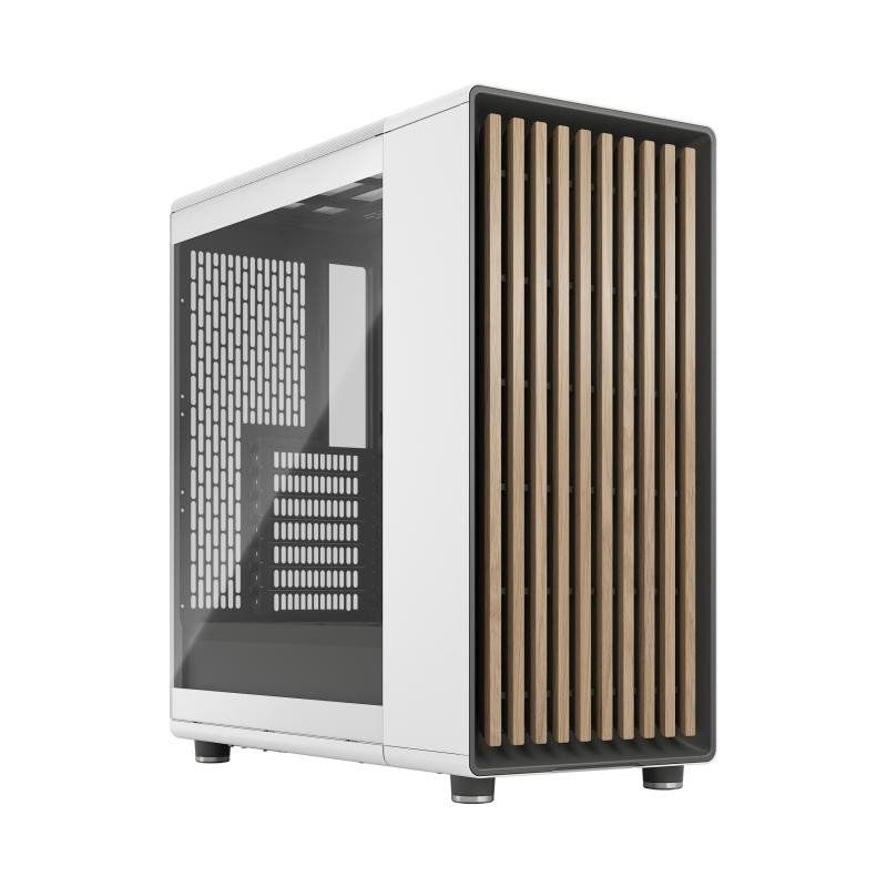 Fractal Design North Chalk White Tempered Glass Clear - Boîtier PC Gaming Moyen Tour ATX à Flux d&#39;air – Façade en Chêne – Panneau Latéral en Verre – Deux Ventilateurs Aspect PWM de 140 mm Inclus