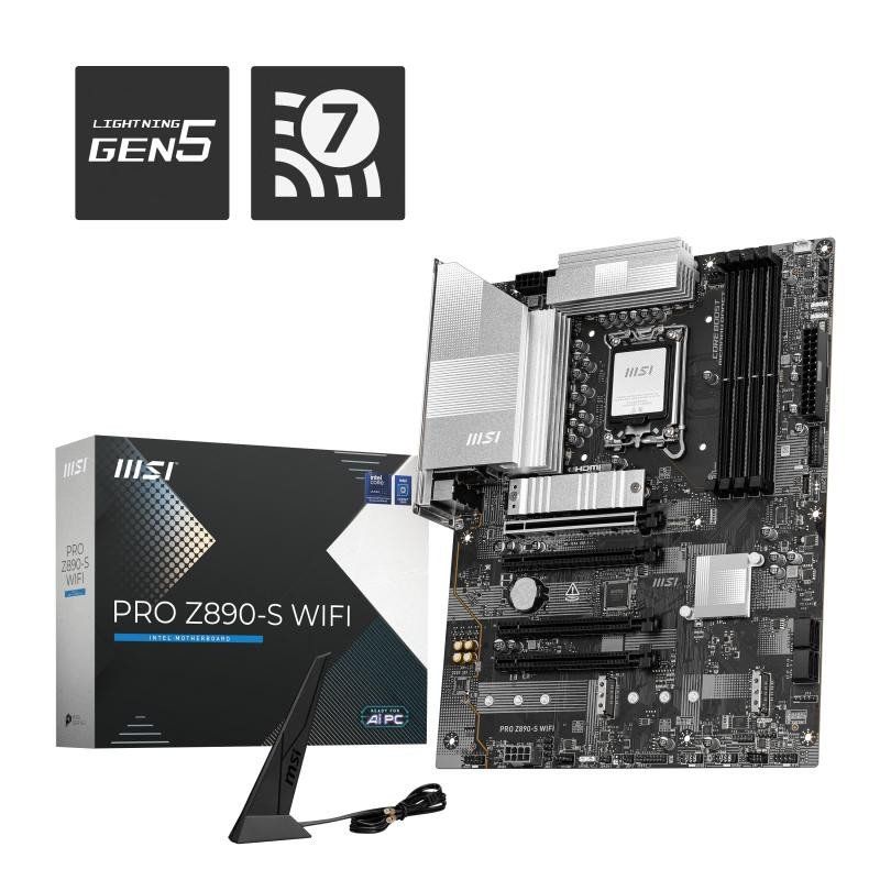 MSI Pro Z890-S WiFi Carte mère, ATX - pour processeurs Intel Core Ultra (série 2), LGA 1851 - DrMOS 55A, Mémoire DDR5 (8600+MT/s OC), PCIe 5.0 x16 &amp; 4.0 x16, M.2 Gen5, Wi-FI 7, 2.5G LAN