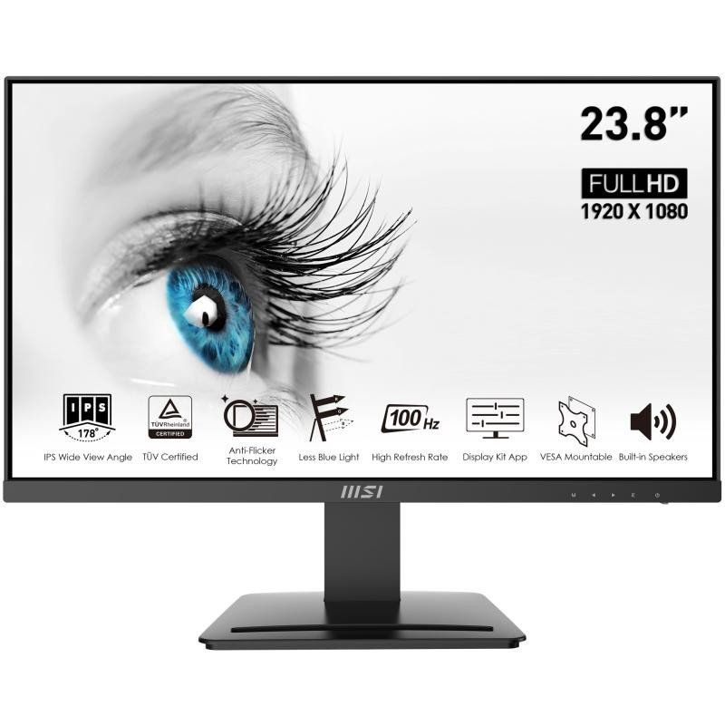 MSI Pro MP243X Écran Bureautique 23.8&quot; Full HD - Dalle IPS 1920x1080, 100Hz, Confort Oculaire, Montage VESA, Haut-Parleurs Intégrés, DisplayKit - HDMI 1.4b, DisplayPort 1.2a