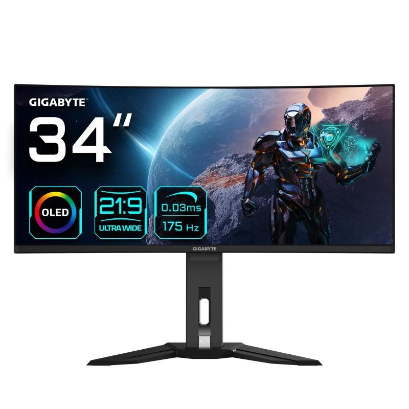 Gigabyte Moniteur de Jeu courbé OLED WQHD MO34WQC 34&quot; - 3440 x 1440, 175Hz, 0.03ms, KVM, 250 CD/m², FreeSync Premium Pro, DisplayHDR True Black 400, HDMI 2.1, Displayport 1.4