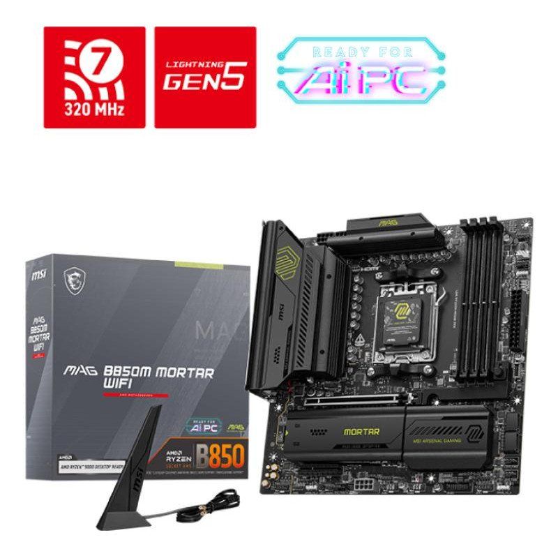 MSI MAG B850M Mortar WiFi Carte mère Micro ATX - pour processeurs AMD Ryzen 9000/8000 / 7000, AM5 - VRM SPS 60A, DDR5 Memory Boost (8200+ MT/s OC), PCIe 5.0 x16, M.2 Gen, Wi-FI 7, 5G LAN
